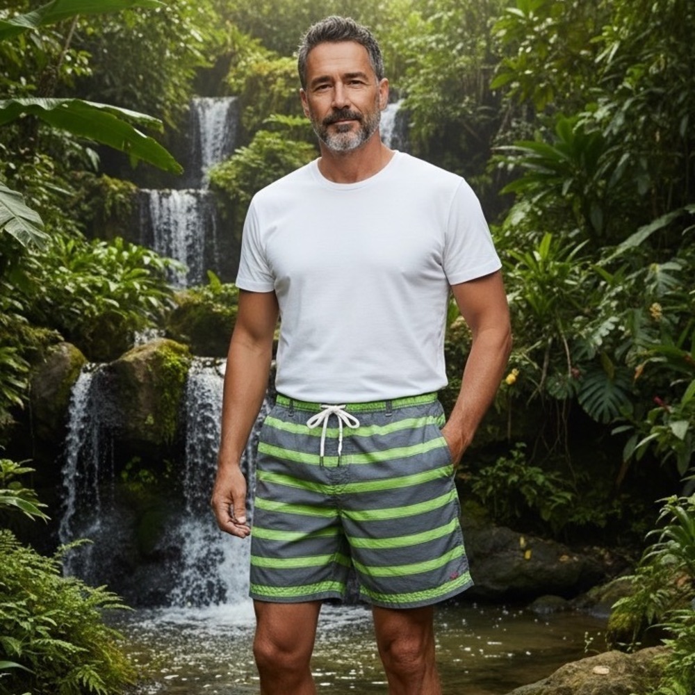 Southern Marsh Mens Striped Swim Trunks Grey Lime Green‎ Mesh Lined 6in Inseam
